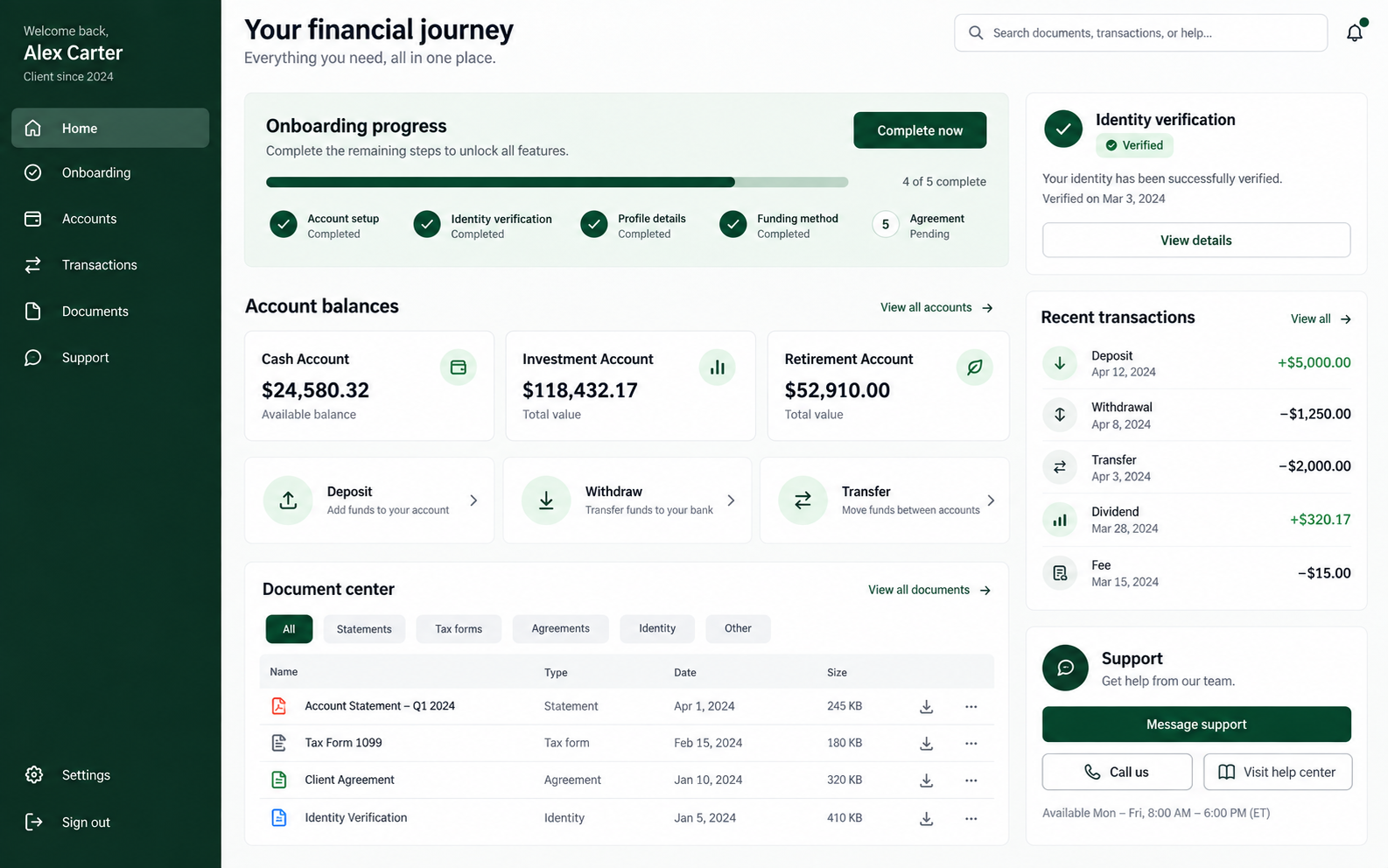 Client Portal product interface