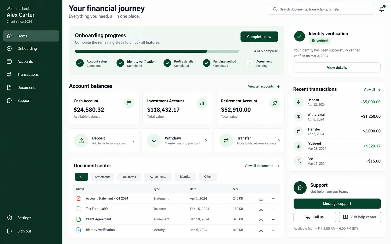 Client Portal product interface